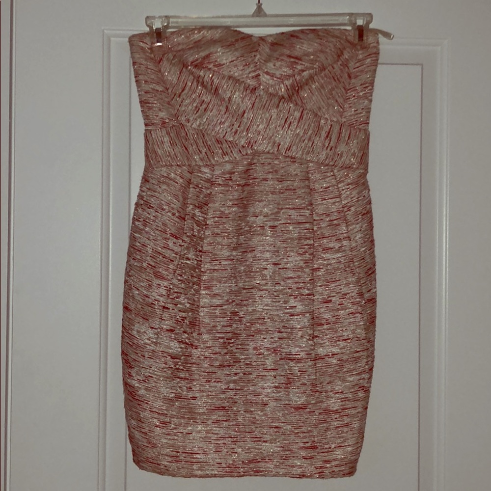 Red, pink, and gold strapless dress